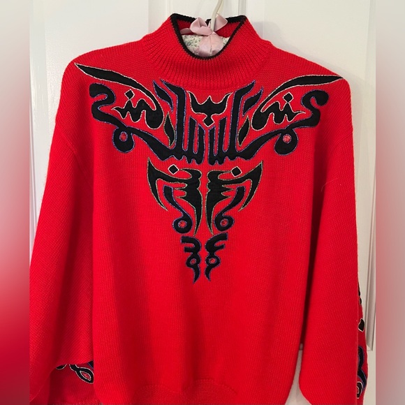 Collectors item. 80s rare Kansai Yamamoto red batwing wool sweater. Sz M - Picture 3 of 13